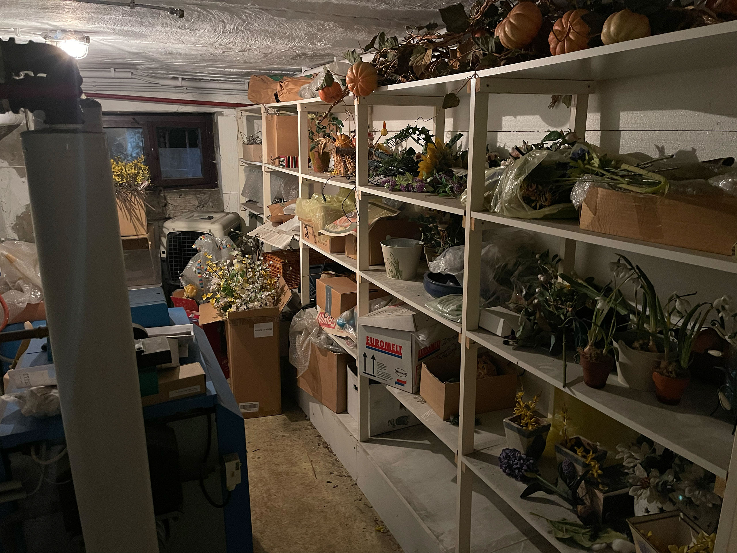 Voller Lagerkeller mit Regalen und zahlreichen Gegenständen vor der Entrümpelung